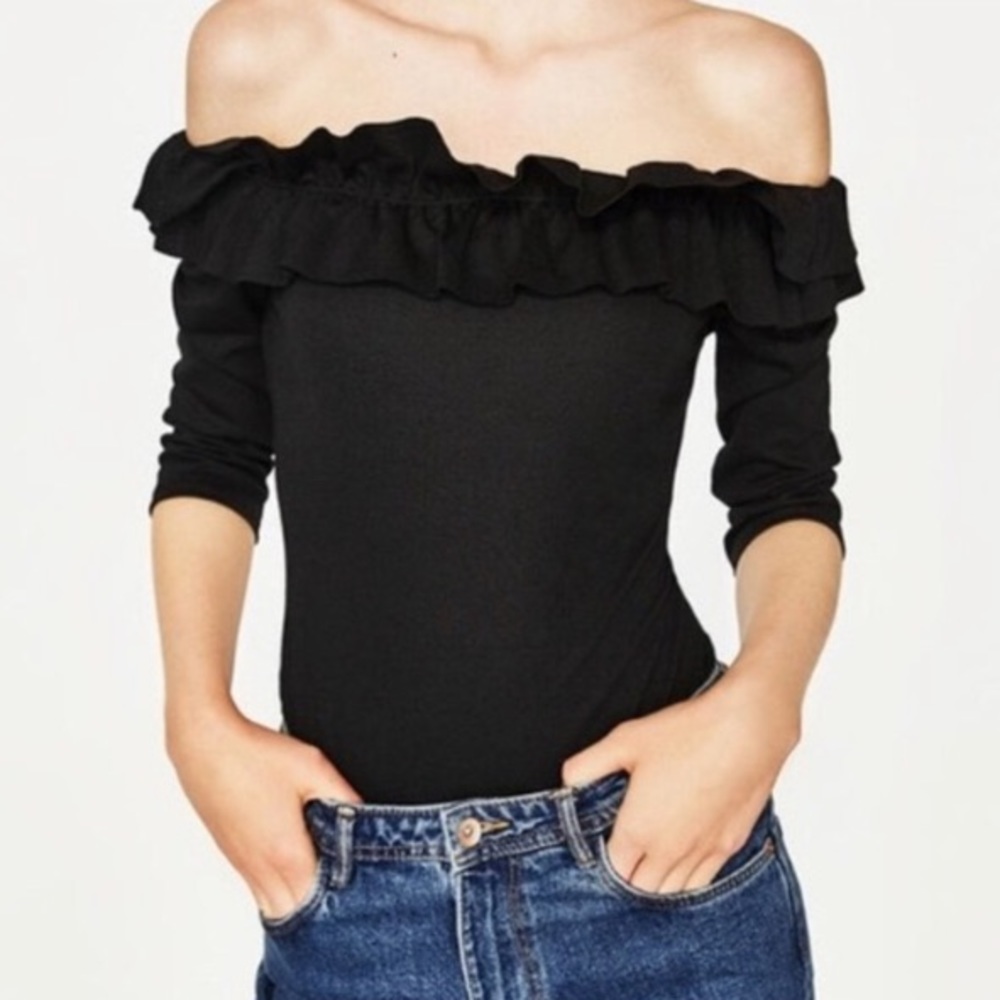 Zara Black Off-the-Shoulder Ruffle Bodysuit